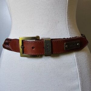 EUC VINTAGE DKNY 103065 BROWN GENUINE LEATHER BRAIDED STAMPED BRASS BELT L WMNS